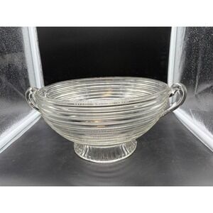 Vintage Clear Ribbed Glass Footed Serving Bowl with Handles Art Deco Style